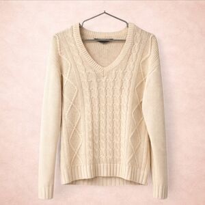 Vintage Cream Cable Knit V Neck Sweater XL Oversized Preppy Cozy 90s